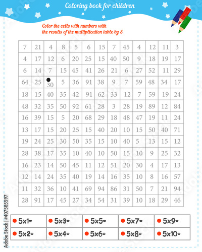 Mathematical coloring book for children. Deer. Multiplication by 5. Vector image.