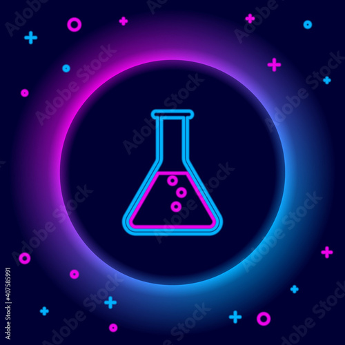 Glowing neon line Test tube and flask - chemical laboratory test icon isolated on black background. Colorful outline concept. Vector.