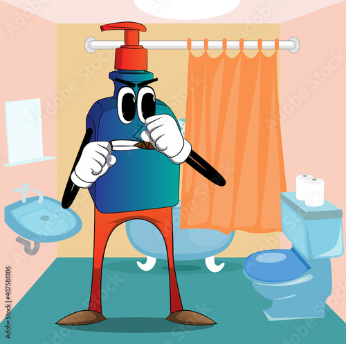 Cartoon bottle of hand sanitizer gel for hygiene with face holding his fists in front of him ready to fight.