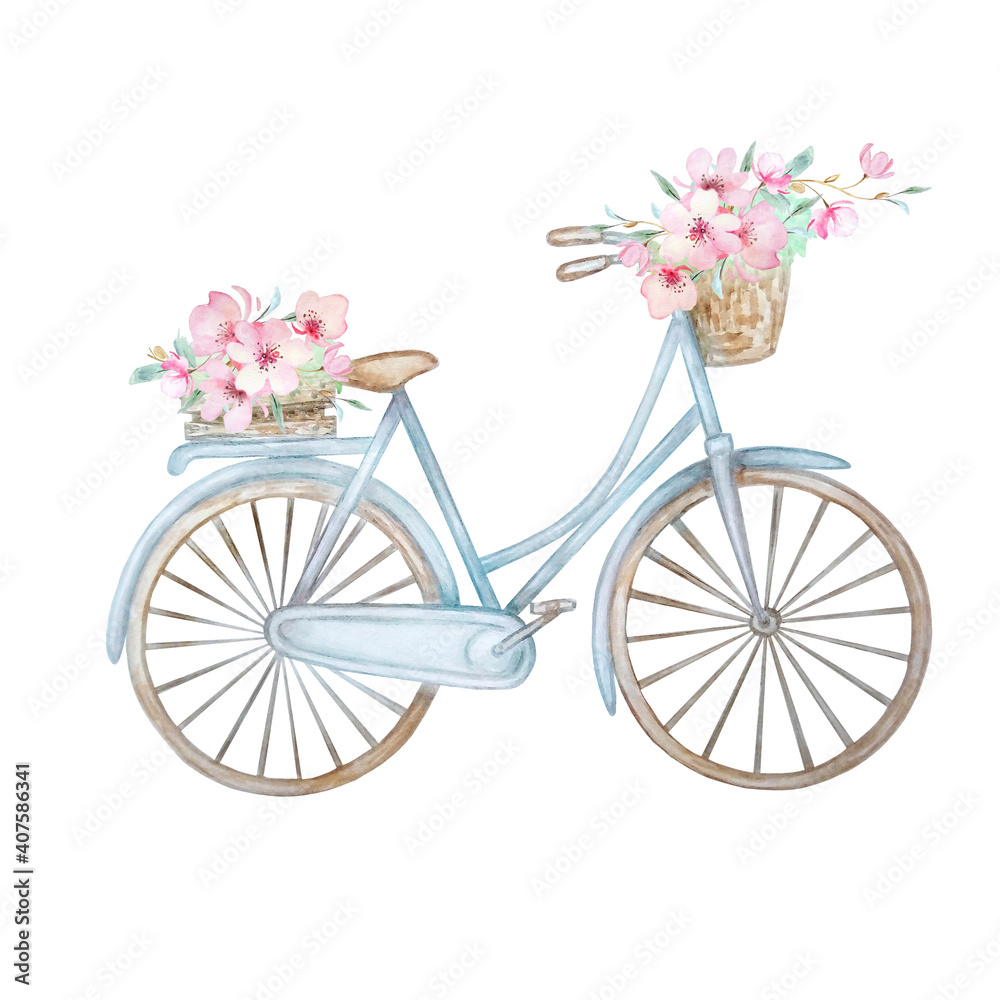 Hand drawn watercolor illustration - romantic blue bike