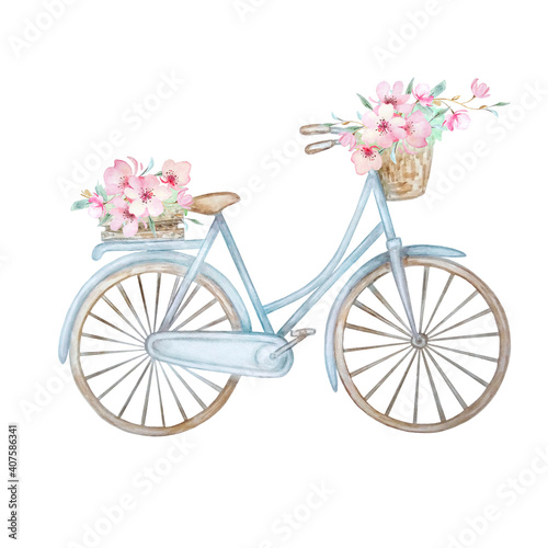 Obraz na plátně Hand drawn watercolor illustration - romantic blue bike