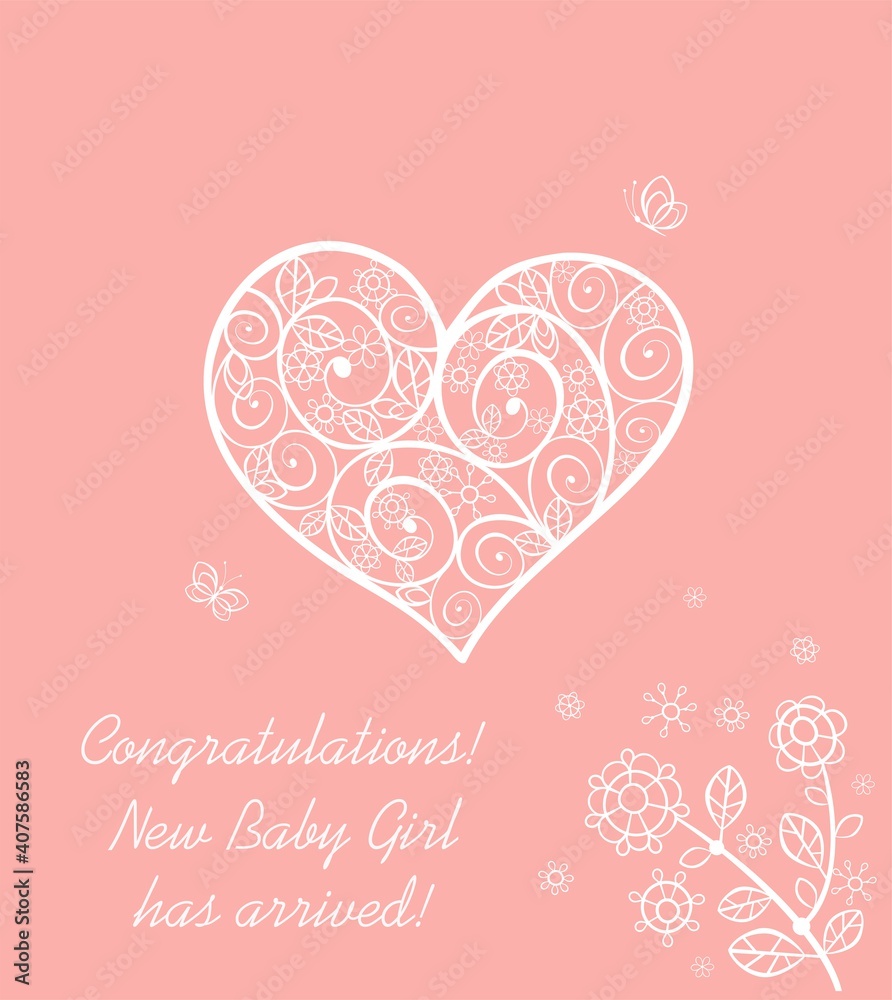 Baby girl arrival announcement pastel pink card with lacy heart shape