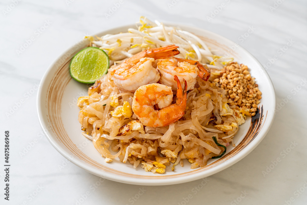 stir-fried noodles with shrimp and sprouts or Pad Thai stir-fried noodles with shrimp and sprouts or Pad Thai