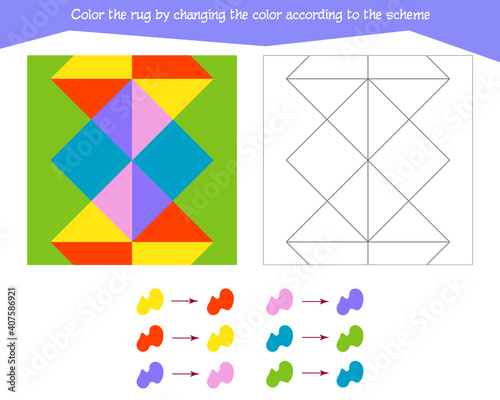 Game for the development of logical thinking. Color the rug by changing the color according to the sample