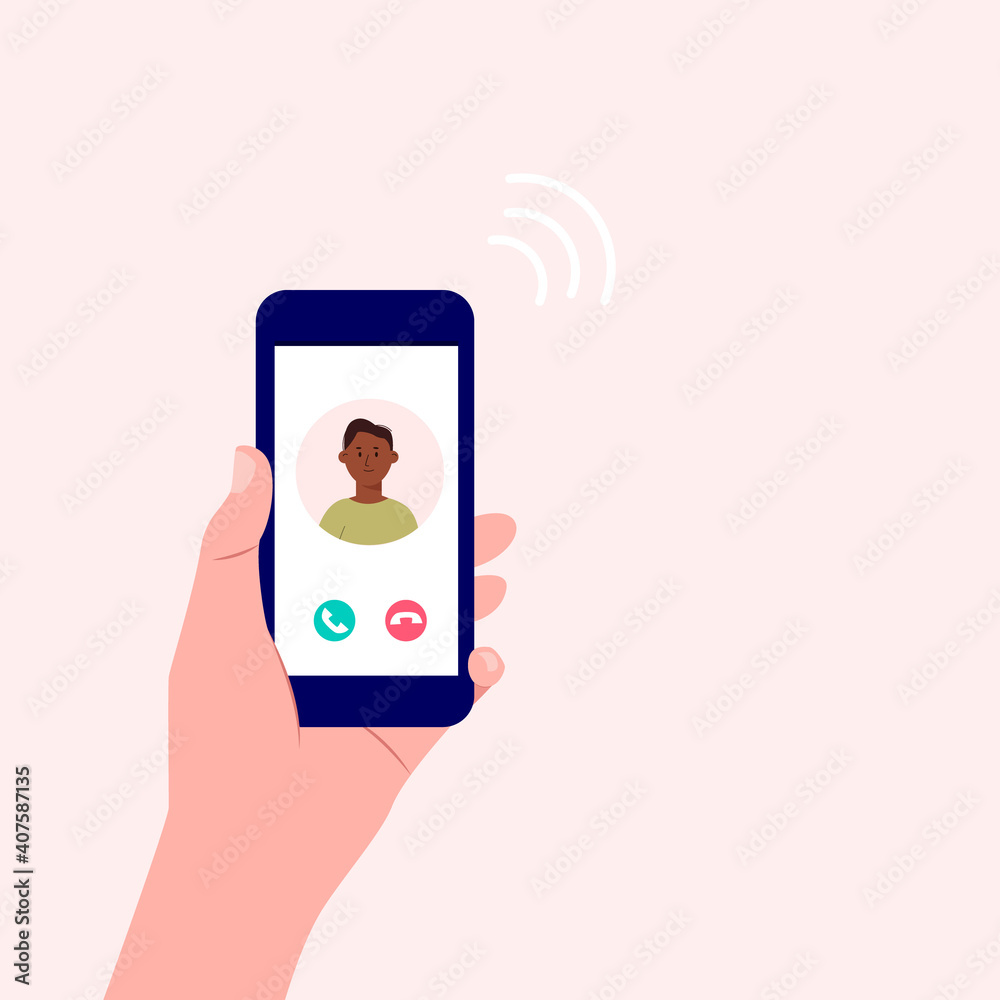 Incoming call. Human hand holding mobile phone with call  screen with man. Accept or decline phone call concept. Holding smartphone on hand.  Modern colorful vector illustration in cartoon flat style.