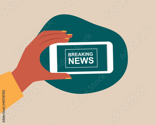 Black hand holding phone, watching breaking news from smartphone isolated background for banner, web. Modern colorful vector illustration cartoon flat style.