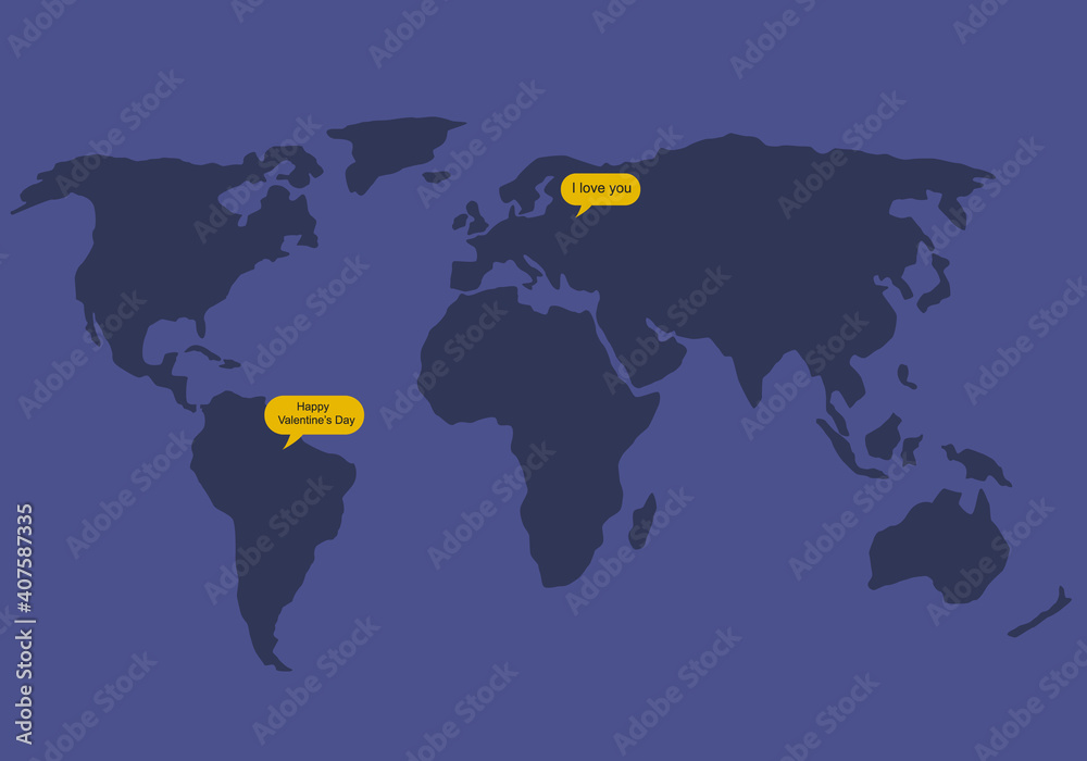 Obraz premium Long distance relationship, couples from around the world chatting online via internet, celebrating Valentine's Day. Vector illustration in flat style.