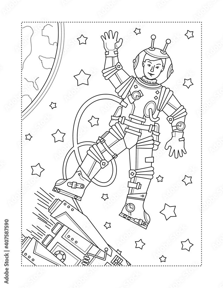 Space exploration themed astronaut, or cosmonaut, coloring page
