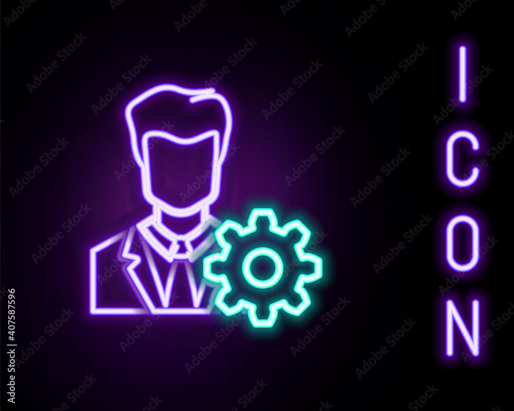 Glowing neon line Profile settings icon isolated on black background. User setting. Profile Avatar with cogwheel. Account. Male person silhouette. Colorful outline concept. Vector. Glowing neon line Profile settings icon isolated on black background. User setting. Profile Avatar with cogwheel. Account. Male person silhouette. Colorful outline concept. Vector.