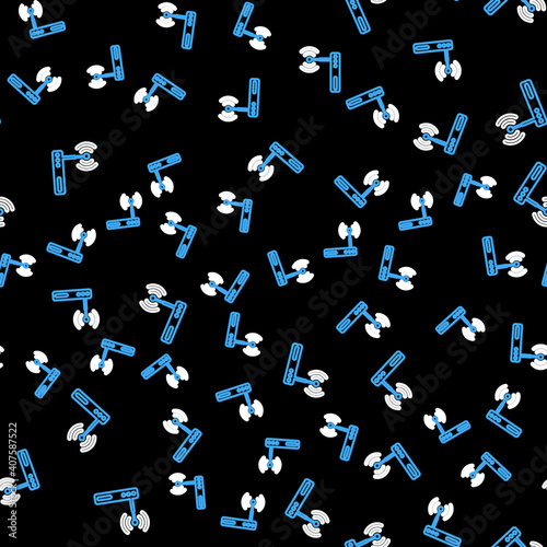 Line Router and wi-fi signal symbol icon isolated seamless pattern on black background. Wireless ethernet modem router. Computer technology internet. Vector.