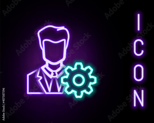 Glowing neon line Profile settings icon isolated on black background. User setting. Profile Avatar with cogwheel. Account. Male person silhouette. Colorful outline concept. Vector.