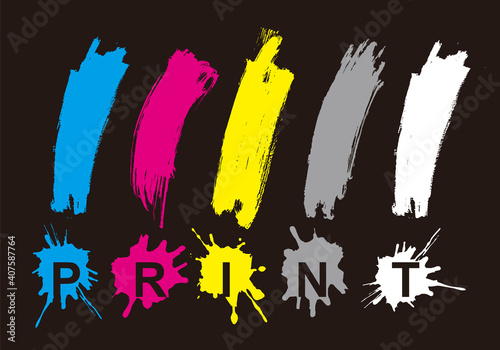 Print colors, exclamation marks, splatters. Illustration of four expressive exclamation marks with PRINT lettering. Concept for presenting of color printing. Vector available.
