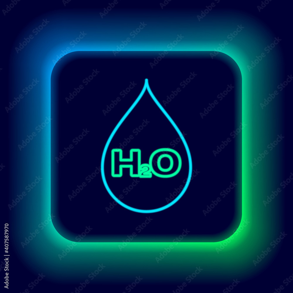 Glowing neon line Water drop with H2O icon isolated on black background. Water formula. Colorful outline concept. Vector.