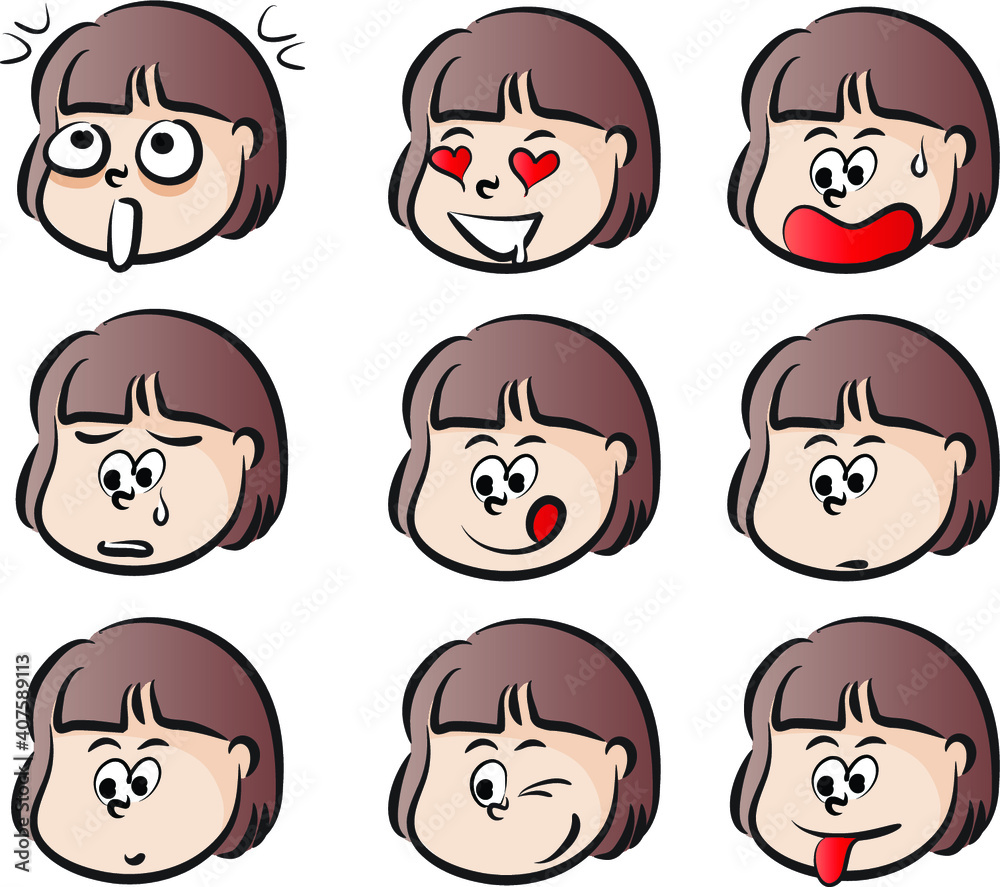 vector cartoon short hair girl face emoji set vector cartoon short hair girl face emoji set