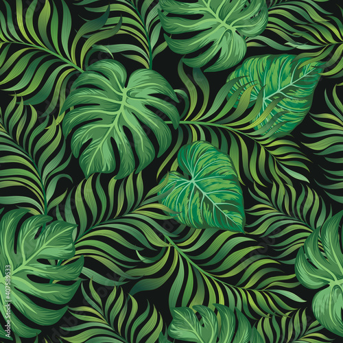 Green tropical palm leaves seamless vector pattern on the black background.Trendy summer print.