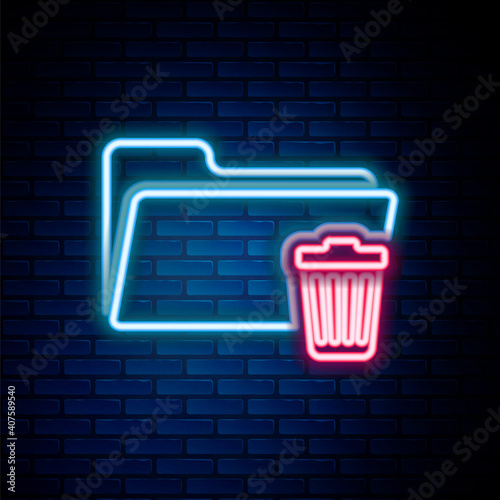 Glowing neon line Delete folder icon isolated on brick wall background. Folder with recycle bin. Delete or error folder. Close computer information folder. Colorful outline concept. Vector.