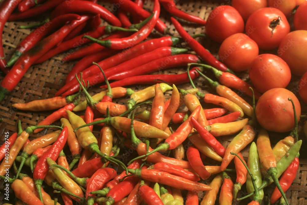 fresh vegetables and seasonings chilies, tomatoes 