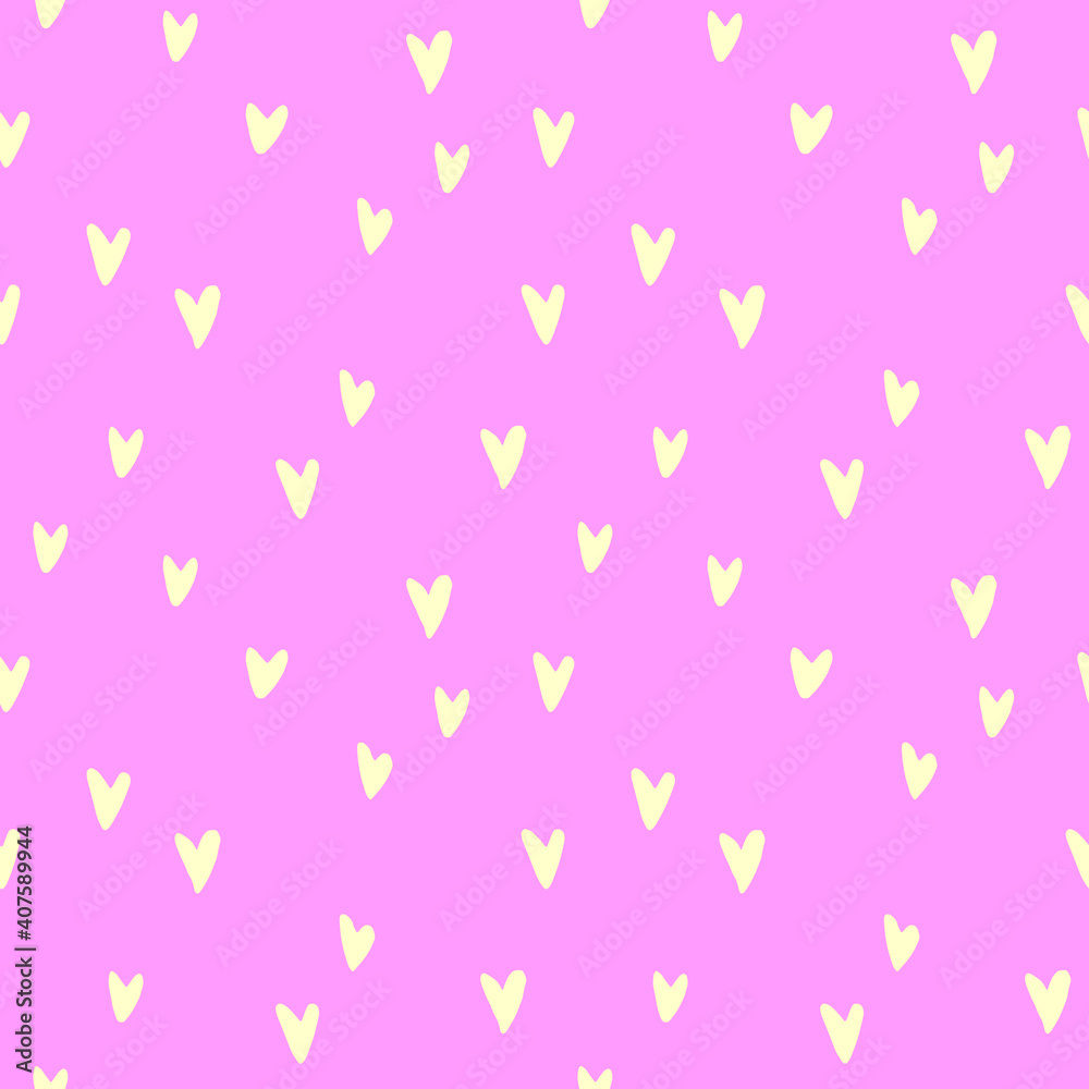 Seamless abstract pattern of small pink hearts. Hand drawn doodle background, texture for textile, wrapping paper, Valentines day