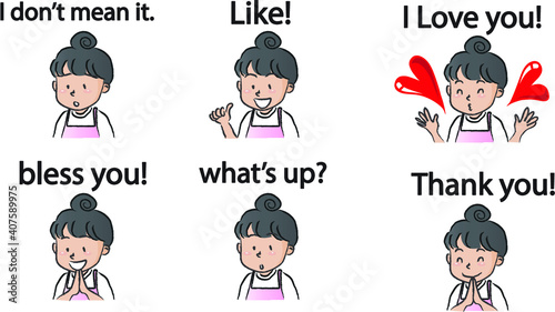 vector cartoon long hair girl emoji set