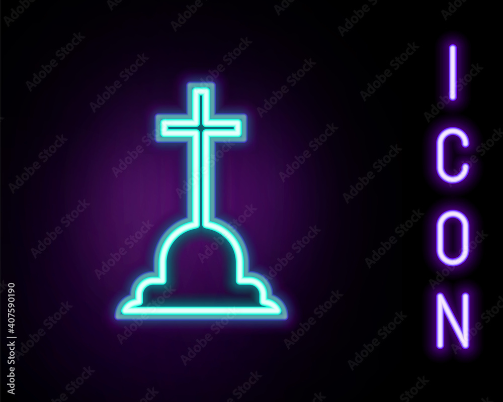 Glowing neon line Tombstone with cross icon isolated on black background. Grave icon. Colorful outline concept. Vector. Glowing neon line Tombstone with cross icon isolated on black background. Grave icon. Colorful outline concept. Vector.