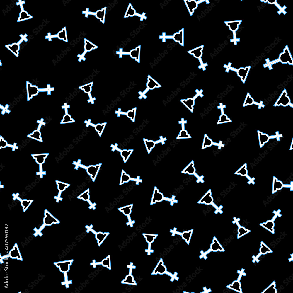 Line Tombstone with cross icon isolated seamless pattern on black background. Grave icon. Vector. Line Tombstone with cross icon isolated seamless pattern on black background. Grave icon. Vector.