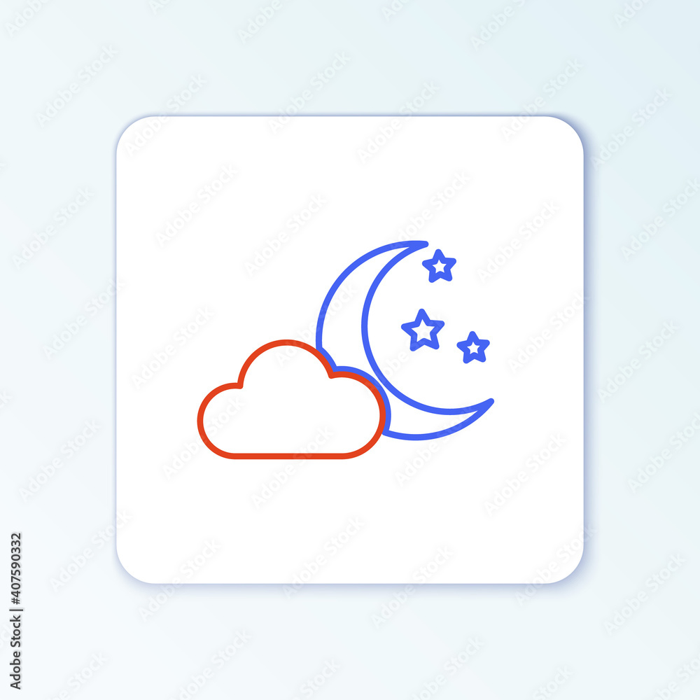 Line Cloud with moon and stars icon isolated on white background. Cloudy night sign. Sleep dreams symbol. Night or bed time sign. Colorful outline concept. Vector. Line Cloud with moon and stars icon isolated on white background. Cloudy night sign. Sleep dreams symbol. Night or bed time sign. Colorful outline concept. Vector.