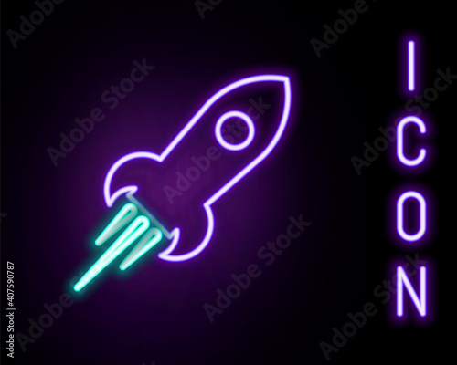 Glowing neon line Rocket ship with fire icon isolated on black background. Space travel. Colorful outline concept. Vector.