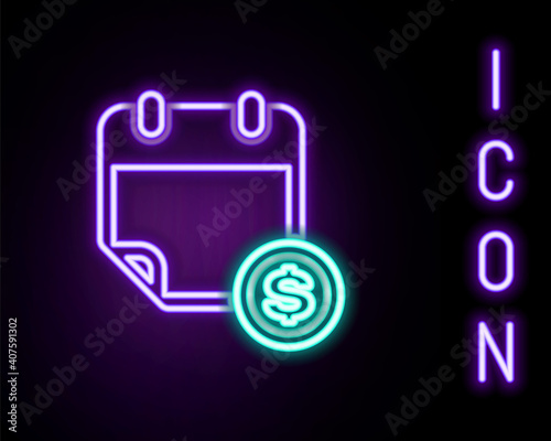 Glowing neon line Financial calendar icon isolated on black background. Annual payment day, monthly budget planning, fixed period concept, loan duration. Colorful outline concept. Vector.