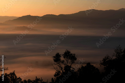 nature and landscapes Aerial view of morning mist at tropical ra