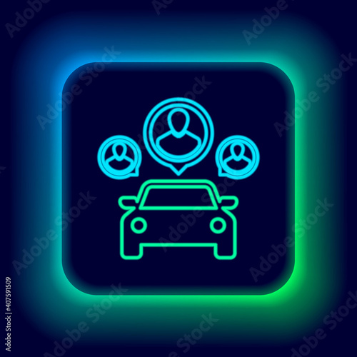 Glowing neon line Car sharing with group of people icon isolated on black background. Carsharing sign. Transport renting service concept. Colorful outline concept. Vector.