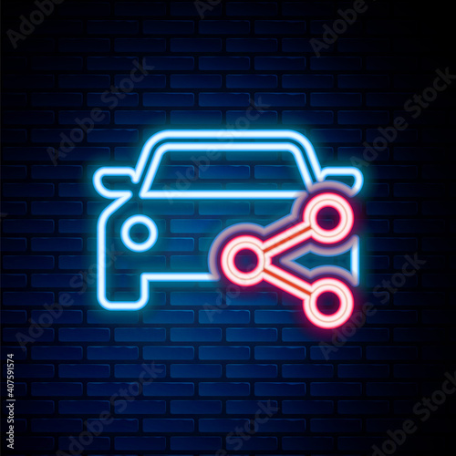 Glowing neon line Car sharing icon isolated on brick wall background. Carsharing sign. Transport renting service concept. Colorful outline concept. Vector.