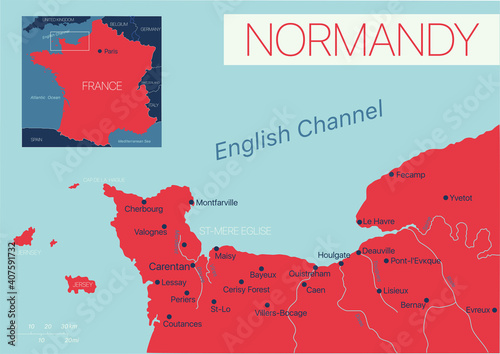 Normandy of France detailed editable map with cities and towns, geographic sites. Vector EPS-10 file