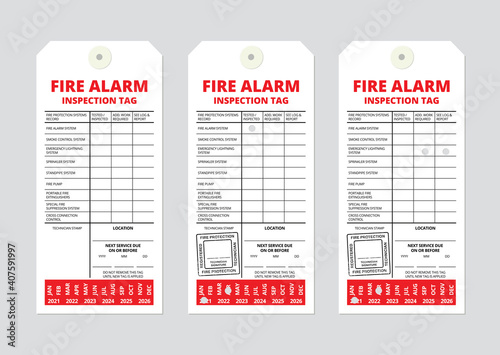 Fire alarm inspection tag template. Used by fire protection technicians during fire alarm testing or inspection to mark parts and components with good working order, impaired or non-operational. 