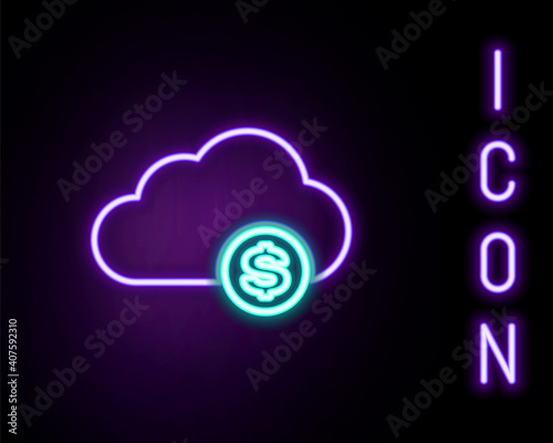 Glowing neon line Cryptocurrency cloud mining icon isolated on black background. Blockchain technology, bitcoin, digital money market, cryptocoin wallet. Colorful outline concept. Vector.