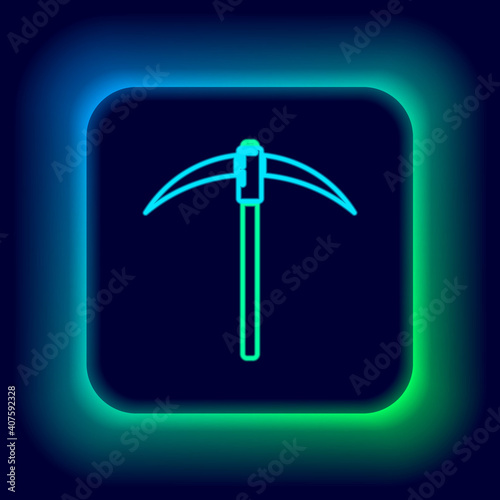 Glowing neon line Pickaxe icon isolated on black background. Blockchain technology, cryptocurrency mining, bitcoin, digital money market, cryptocoin wallet. Colorful outline concept. Vector.