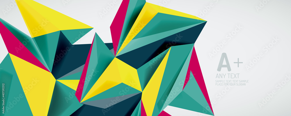Vector triangle geometric backgrounds. Low poly 3d shape on light backdrop. Vector illustration for covers, banners, flyers and posters and other designs Vector triangle geometric backgrounds. Low poly 3d shape on light backdrop. Vector illustration for covers, banners, flyers and posters and other designs