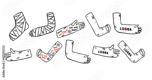 Set of broken legs, arms and hands cast doodles with funny writings from friends. Collection of injured limbs in gypsum plasters. Get well soon wishes. Media glyph graphic symbols