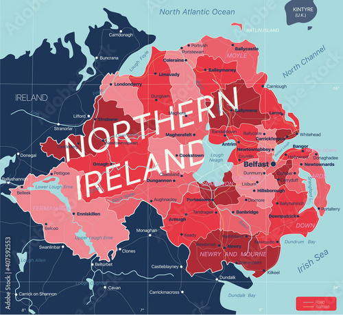 Nothern Ireland country detailed editable map with regions cities and towns, roads and railways, geographic sites. Vector EPS-10 file