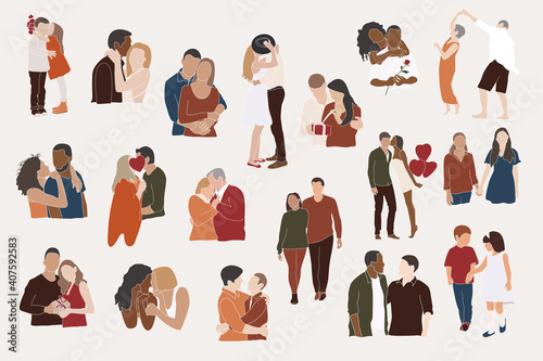 Couples Set Vector illustrations. Diverse interracial  couples, lesbian couple, gay couple, elderly couple