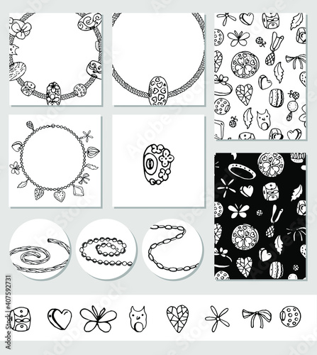 Set with different fashion templates with beads and trinkets. Cards for your modern design and advertisement