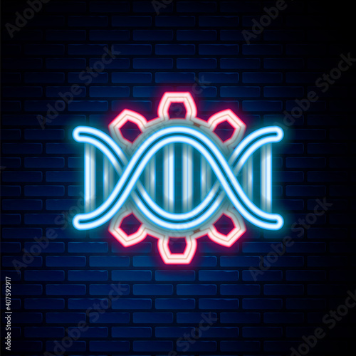 Glowing neon line Genetic engineering icon isolated on brick wall background. DNA analysis, genetics testing, cloning, paternity testing. Colorful outline concept. Vector.