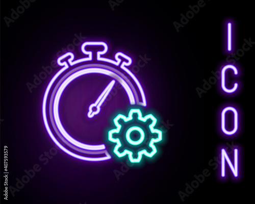 Glowing neon line Time management icon isolated on black background. Clock and gear sign. Productivity symbol. Colorful outline concept. Vector.