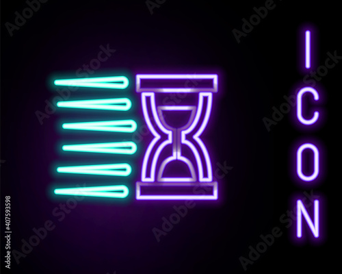 Glowing neon line Old hourglass with flowing sand icon isolated on black background. Sand clock sign. Business and time management concept. Colorful outline concept. Vector.
