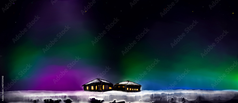 Wooden house on the background of the northern lights, watercolor drawing. Wooden house on the background of the northern lights, watercolor drawing.