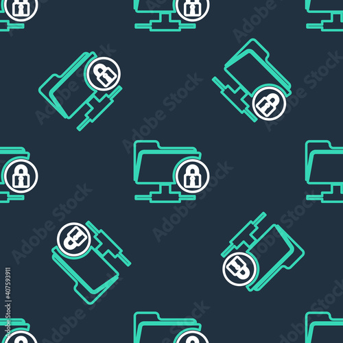 Line FTP folder and lock icon isolated seamless pattern on black background. Concept of software update, ftp transfer protocol. Security, safety, protection concept. Vector.