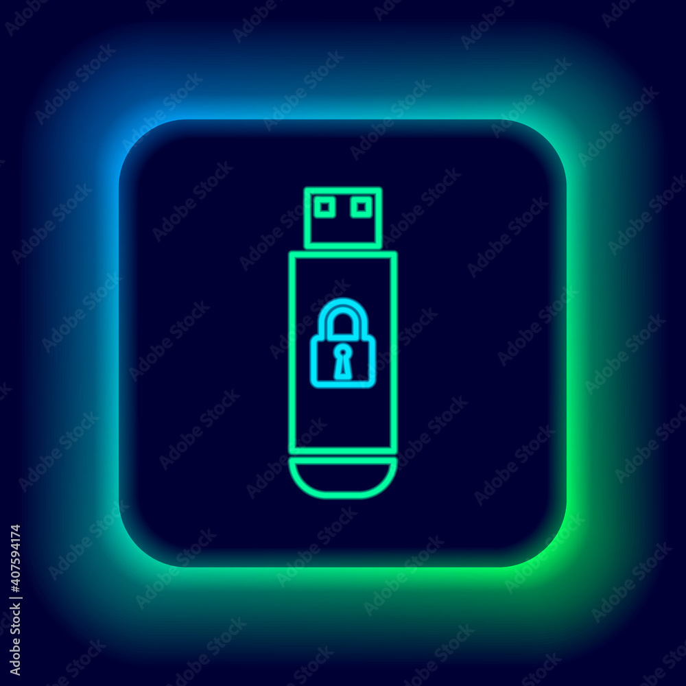 Glowing neon line USB flash drive with closed padlock icon isolated on black background. Security, safety, protection concept. Colorful outline concept. Vector. Glowing neon line USB flash drive with closed padlock icon isolated on black background. Security, safety, protection concept. Colorful outline concept. Vector.