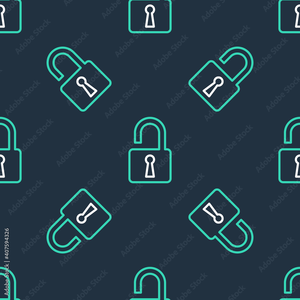 Line Open padlock icon isolated seamless pattern on black background. Opened lock sign. Cyber security concept. Digital data protection. Safety safety. Vector. Line Open padlock icon isolated seamless pattern on black background. Opened lock sign. Cyber security concept. Digital data protection. Safety safety. Vector.