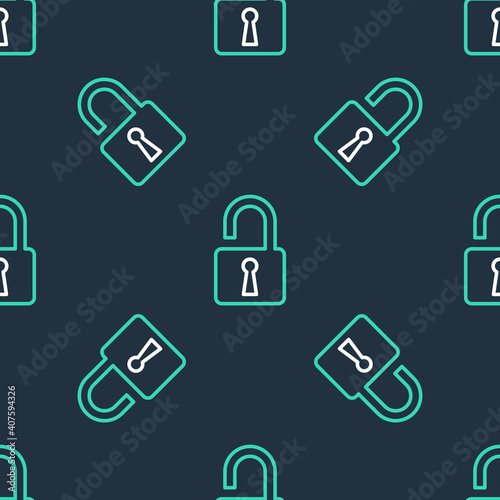 Line Open padlock icon isolated seamless pattern on black background. Opened lock sign. Cyber security concept. Digital data protection. Safety safety. Vector.