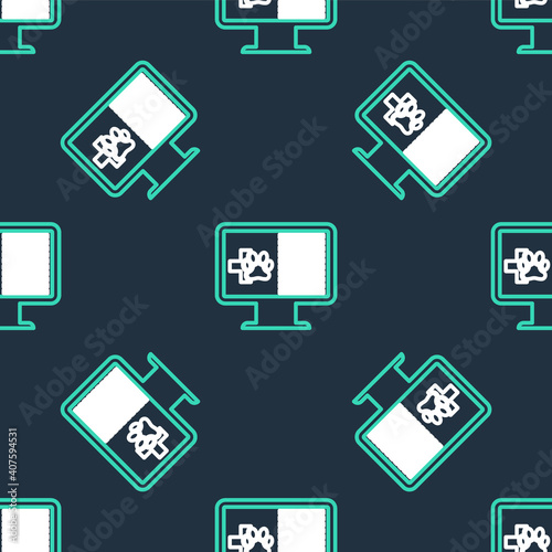 Line Medical clinical record pet on monitor icon isolated seamless pattern on black background. Health insurance form. Prescription, medical check marks report. Vector.