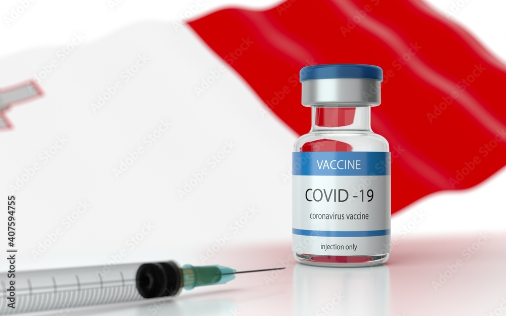 COVID 19 Vaccine approved and launched in Malta. Corona Virus SARS CoV 2, 2021 nCoV vaccine delivery. Malta flag on background and vaccine bottle. 3D illustration COVID 19 Vaccine approved and launched in Malta. Corona Virus SARS CoV 2, 2021 nCoV vaccine delivery. Malta flag on background and vaccine bottle. 3D illustration